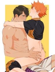 2boys abs big_dom_small_sub blush gay haikyuu!! hand_on_butt male/male male_only muscular_male riding riffraff riffraffhellyea shirt_lift shirt_lift_via_mouth shirtless shirtless_male shorts_down shoyo_hinata sitting_on_person size_difference sweat tagme ushijima_wakatoshi