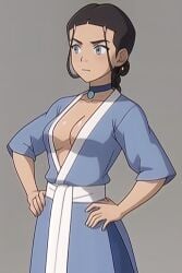 1girls ai_generated avatar_legends avatar_the_last_airbender blue_eyes blue_robe braid brown_hair cleavage deep_cleavage female hair_loopies hands_on_hips katara necklace plunging_neckline robe smirk water_tribe