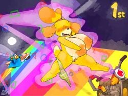 animal_crossing anthro assisted_exposure breasts breasts_bigger_than_head catjam_(artist) crossover diagonal_angle embarrassed embarrassed_nude_female enf female_focus furry huge_breasts isabelle_(animal_crossing) kamek mario_(series) mario_kart nude pussy rainbow_road scalie tagme