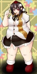 bbw belly_overhang big_belly big_female black_hair blush chubby chubby_female embarrassed fat fat_female fat_fetish fat_girl fat_woman fatty humiliated large_female obese obese_female overweight overweight_female plump pork_chop shameimaru_aya sweatdrop tengu thick_thighs tight_clothing tight_fit touhou tubby weight_gain