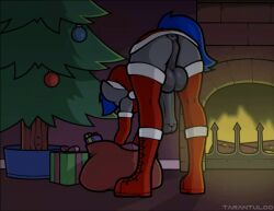 2d_animation animal_genitalia animal_penis animated anthro anus balls bent_over blue_hair christmas christmas_clothing christmas_headwear christmas_present christmas_tree clothed clothing equid equine equine_anus femboy fireplace friendship_is_magic genitals gift gray_balls gray_body gray_hair gray_penis hair hasbro hat headgear headwear holidays horse horse_penis horsecock male mammal motion_tweening my_little_pony no_underwear penis plant pony puffy_anus santa_hat short_playtime solo tarantuloo tenser_(oc) third-party_edit tree