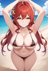 ai_generated areola areola_slip areolae areolae_slip arms_behind_back black_bikini himeko_(honkai:_star_rail) huge_breasts huge_breasts smile thick_thighs tight_fit wide_hips