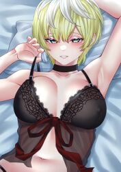 blonde_hair blue_eyes izumo_tenka large_breasts lingerie looking_at_viewer mato_seihei_no_slave navel nipples_visible_through_clothing pillow ribbon seductive seductive_eyes seductive_look short_hair smile wanzi_(99wanzi99)