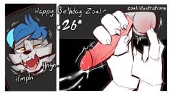 anthro ball_gag birthday bodily_fluids bondage cum duo english_text erection gag gagged genital_fluids genitals hair happy_birthday male milking_table penis simple_background text tickle tickling tickling_balls zoul zoul_illustration