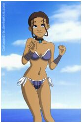 1girls avatar_legends avatar_the_last_airbender bikini blue_bikini cartoongirls choker cleft_of_venus cute dark-skinned_female female female_only katara solo solo_female standing swimsuit water water_tribe wrist_wraps