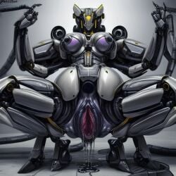 1girls ai_generated breasts cyborg darkeffect excessive_genital_fluids female_only hyper_pussy living_machine looking_at_viewer machine mechanical multi_leg multi_limb original_character puffy_pussy pussy pussy_juice robot robot_girl simple_background thick_thighs tubes