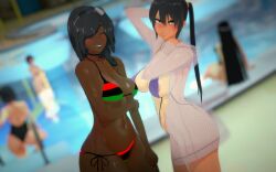 3d 4girls 5girls aubre_cooper blurry_background busty_female choker dark-skinned_female dark_skin female_focus female_only flag_bikini happy having_fun hina_aragawa koikatsu light-skinned_female naomi_rose oc original original_characters pan-african_flag patricia_nakamura plump pool poolside queen_of_spades smiling spade_choker spade_necklace spidey-dude tan_lines tanned_female tanned_skin voluptuous voluptuous_female wholesome yuuka_hibiki