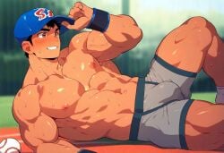 1boy abs ai_generated baseball_(ball) baseball_cap baseball_uniform big_arms bulge muscles muscular muscular_arms muscular_male on_floor outside pecs sweat sweating takun takunaiboys tan_body tan_skin tanned tanned_skin thick_thighs underwear underwear_only veiny_arms yaoi