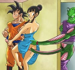 1girls 2boys black_hair cheating cheating_wife chichi dragon_ball dragon_ball_z elongated_penis female handjob human human_penetrated husband_and_wife light-skinned_female light_skin long_penis looking_back looking_down male penis piccolo son_goku standing_sex straight towel vaginal_penetration what