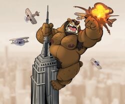 4_fingers 4_toes aircraft airplane angry anthro armpit_hair bear beard biped bodily_fluids body_hair brown_body brown_fur claws climbing damien_(ethancostas) dead_stray_bear detailed_background empire_state_building explosion facial_hair feet fingers fur macro male mammal musclegut muscular muscular_anthro muscular_male nude overweight overweight_anthro overweight_male pubes saliva solo tail teeth toes tongue tusks vehicle