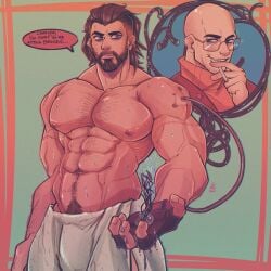 2boys agent_p-3 atomic_heart bara beard bulge male male/male male_focus male_nipples male_only male_pubic_hair muscular_male nipples penis_outline solo_male vapedrone wet