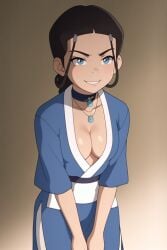 1girls ai_generated alternate_breast_size avatar_legends avatar_the_last_airbender blue_eyes blue_robe braid brown_hair cleavage deep_cleavage female hair_loopies katara necklace plunging_neckline robe smirk smug water_tribe