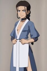 1girls ai_generated avatar_legends avatar_the_last_airbender blue_eyes blue_robe braid brown_hair cleavage deep_cleavage female flat_chest flat_chested hair_loopies katara necklace plunging_neckline robe smirk smug water_tribe