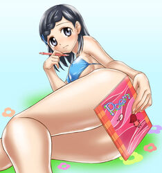 black_hair book hadime hair_ornament hairclip hajime_(caramel_toone) mechanical_pencil notebook on_side onegai_my_melody original pencil pointy_chin sakurazuka_miki sanrio solo swimsuit tagme