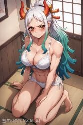 1girls abs ai_generated bare_arms bare_legs bare_shoulders bare_thighs big_breasts blush bra clothed clothing color female female_focus female_only fit_female hi_res horns large_breasts light-skinned_female light_skin lingerie long_hair looking_at_viewer muscles muscular muscular_female one_piece panties senotakai_ai shounen_jump solo solo_female tagme thick_thighs underwear white_hair yamato_(one_piece) yellow_eyes