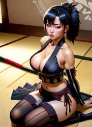 ai_generated asian big_breasts black_hair cleavage curvy deep_cleavage female_focus female_only hotaru_(dainty) huge_breasts japanese japanese_house kneeling kunoichi large_breasts long_hair looking_at_viewer midriff ninja ponytail red_eyes seductive seductive_look short_skirt sitting sole_female solo solo_female solo_focus stable_diffusion thick_thighs thighhighs tight_clothing