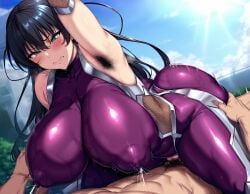 1girls ai_generated big_breasts blue_hair blush breasts female female_focus green_eyes hairy_armpits hairy_pussy huge_breasts igawa_asagi lactation lactation_through_clothes large_breasts light-skinned_female long_hair looking_at_viewer mature_female sex taimanin_(series) taimanin_asagi taimanin_suit thick_thighs thighs