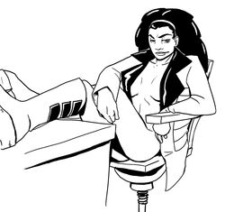 1girls artist_request avengers black_and_white captain_marvel chair dark-skinned_female dark_hair dark_skin female female_only human human_only long_hair marvel marvel_comics monica_rambeau nextwave no_shirt photon_(marvel) plain_background sitting solo solo_female superheroine tagme uncensored