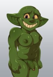 2024 bald balls big_eyes big_mouth big_nipples big_smile big_teeth cel_shading flaccid foreskin freckled_face freckles freckles_on_face furrowed_eyebrows genitals glans goblin goblin_male gradient_background green_body green_nipples green_skin grey_background gritted_teeth hi_res humanoid humanoid_genitalia humanoid_penis humanoid_pointy_ears imp jerseydevil looking_at_viewer male muscular muscular_humanoid muscular_male nervous nervous_smile nipples non-human non-human_only nude pecs penis pink_glans portrait purple_eyes shaded sharp_teeth simple_background small_balls smile solo teeth three-quarter_portrait unretracted_foreskin wide_smile yellow_sclera