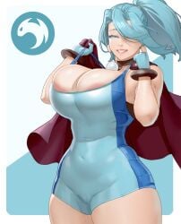 2020s 2024 2d 2d_(artwork) areola areolae areolae_slip big-thighs big_breasts blue_gloves blue_hair breasts child_bearing_hips clair_(pokemon) cleavage cyan_eyes cyan_hair gloves hair_over_one_eye hi_res highres hips hourglass_figure large_breasts large_thighs leotard light-skinned_female light_skin long_hair materclaws milf navel nintendo pokemon pokemon_gsc ponytail slim_waist smile smiling smiling_at_viewer swimsuit thick_thighs thighs wide_hips