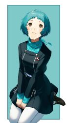 1girls ai_generated atlus blue_eyes blush cum cum_on_face facial female female_only fuuka_yamagishi kneeling looking_up persona persona_3 school_uniform short_hair simple_background smile smiling yamagishi_fuuka