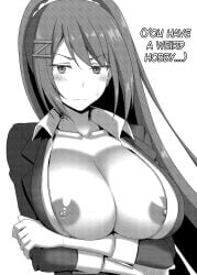 1girls arms_crossed big_breasts black_and_white black_hair blush blush_lines breasts_out chabashira_sae classroom_of_the_elite english_text female female_only hairclip large_breasts looking_at_viewer nipple_slip open_clothes solo text