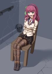 absurdres angel_beats! ball_gag black_pantyhose bondage bondage bondage bound bound_arms bound_legs breasts cap_(user_dxfj5558) commentary crotch_rope gag gagged green_eyes heaven_burns_red highres long_hair nakamura_yuri on_chair original panties panties_under_pantyhose pantyhose pink_hair pleated_skirt school_uniform shibari_over_clothes shoes skirt skull small_breasts translation_request underwear zettai_ryouiki