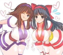 2girls ainu_clothes bent_over big_breasts black_eyes black_hair blush breasts brown_hair busty cleavage confident dual_persona fingerless_gloves gloves hair_ribbon hand_on_hip hand_on_own_knee hands_on_own_knees hanging_breasts heart highres large_breasts leaning_forward legs licking_lips long_hair looking_at_viewer multiple_girls murasaki_nakoruru nakoruru one_eye_closed open_mouth pants pose posing purple_eyes ribbon samurai_shodown sensual short_hair smile snk thighs tongue tongue_out white_background wink