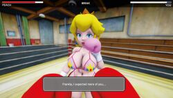 1female 1male 3d big_breasts big_hips bikini blonde_hair boxing boxing_gloves boxing_ring crown dialogue_box disappointed earrings female_focus fight gameplay_mechanics light-skinned_female lipstick male_pov mario_(series) mmd pink_bikini pink_boxing_gloves pov princess princess_peach red_boxing_gloves strong_woman swimsuit talking text ultimabox