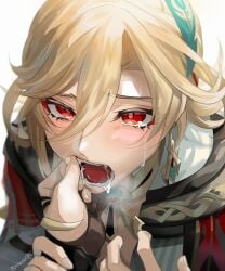 2boys alhaitham_(genshin_impact) blonde_hair blush crying crying_with_eyes_open cum cum_in_mouth drool drooling eyelashes fangs femboy finger_in_mouth fingerless_gloves gay genshin_impact heavy_breathing kaveh_(genshin_impact) male male/male monaop5 open_mouth oral post_blowjob red_eyes tears tongue tongue_out twink yaoi