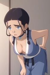 1girls ai_generated alternate_breast_size avatar_legends avatar_the_last_airbender bending_forward bending_over blue_eyes blue_robe braid brown_hair cleavage deep_cleavage female hair_loopies hand_on_ass katara necklace plunging_neckline robe smirk water_tribe