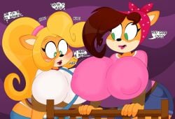 2024 2girls 3barts anthro bandicoot big_breasts breast_worship breasts brown_hair brunette clothed clothed_female coco_bandicoot crash_(series) dialogue female female_only green_eyes heart-shaped_pupils huge_breasts imminent_breast_sucking imminent_breastfeeding looking_at_breasts low-riding milf mommy_kink sony_interactive_entertainment stretched_belt sweating tawna_bandicoot wide_hips yellow_hair yuri