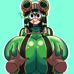 1girls ? big_breasts color color_edit colored confused confusion fazcolor female female_only green_hair hero_outfit_(mha) huge_breasts inakotho large_breasts my_hero_academia solo solo_female solo_focus tongue tsuyu_asui