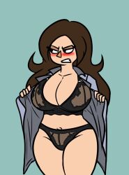 bra brown_hair embarrassed fully_clothed large_ass large_breasts looking_at_viewer looking_away max1mus meme naomi_(max1mus) no_pants original_character panties thick_thighs unbuttoned_shirt