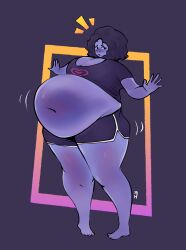 1girls ass_expansion belly_expansion big_ass big_belly big_breasts big_thighs black_hair black_shirt black_shorts blue_skin blueberry_inflation breast_expansion cleavage expansion ferrousingot frizzy_hair inflation navel sports_shorts