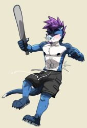 anthro bactover baseball_bat bat_(object) belly belly_squish blue_body blue_fur bodily_fluids cum fur genital_fluids hair male purple_hair shirtless solo squish