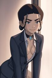 1girls ai_generated avatar_legends avatar_the_last_airbender blazer blue_eyes brown_hair business_suit cleavage collared_shirt deep_cleavage female flat_chest flat_chested hair_loopies katara necklace open_blazer open_shirt open_suit plunging_neckline smirk smug suit water_tribe white_dress_shirt white_shirt