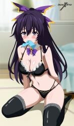 1girls ass bedroom belly blush blushing breasts date_a_live female_only indexryo light-skinned_female lingerie purple_eyes purple_hair thighs yatogami_tohka