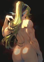 1girls ass biceps completely_nude from_behind green_hair hairband hi_res lecia_(hijiri_kishi_sonia-san) long_hair mashu_003 muscular muscular_female nude original ponytail sidelocks solo wings