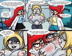 3girls background blonde_hair breast_expansion breast_sucking breasts bunny_ears bunny_girl comic english female female_only glasses huge_breasts incest johnny_test_(series) lactating lactation lily_(max1mus) lipstick_mark long_hair mary_test max1mus milk milk_squirt original red_hair smile speech_bubble sucking_nipples suprised suprised_look susan_test test_twins text text_bubble twintails yuri