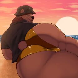 absurd_res anthro ass beach bear benny_(bennyafterdark) big_butt bucket_hat clothing hat headgear headwear hi_res inviting looking_at_viewer lying male mammal munsshy on_side presenting presenting_hindquarters solo sunset thick_thighs thong underwear