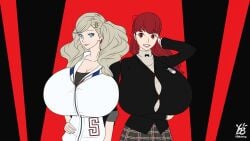 2girls alternate_breast_size ann_takamaki huge_breasts kasumi_yoshizawa persona persona_5 red_hair school_uniform sumire_yoshizawa tight_clothing ydbunny