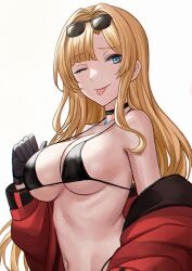 blonde_hair blonde_hair blue_eyes bra choker glasses glasses_on_head granblue_fantasy granblue_fantasy_versus sunglasses sunglasses_on_head tongue tongue_out underwear wink zeta_(granblue_fantasy)