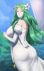 1girls ass ass_in_dress breasts dress female female_only fire_emblem fire_emblem:_three_houses green_eyes green_hair interlocked_fingers large_ass large_breasts long_hair looking_at_viewer looking_back nintendo own_hands_together praying rhea_(fire_emblem) shou_illust smile solo very_long_hair