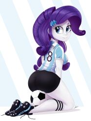 1girls anthro artist_signature ass ball bike_shorts black_short_shorts black_shorts blue_eyes clothed clothed_female equestria_girls female female_only hasbro kneeling looking_back minishorts my_little_pony ncmares pale-skinned_female pale_skin purple_hair rarity_(eg) rarity_(mlp) short_sleeves shorts smile smiling soccer_ball soccer_shoes soccer_uniform socks solo solo_female sport_shorts sportswear striped_background striped_shirt striped_topwear tagme tumblr_link white_background white_body white_skin white_socks