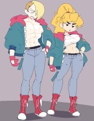 1boy 1girls 2024 abstract_background blonde_hair boob_tube color colored crop_top ed_(street_fighter) female gloves gountro jacket jeans large_breasts maki_genryusai muscular_male ponytail street_fighter toned_female toned_stomach wrapped_breasts