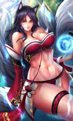 1girls abs ahri big_breasts black_hair default_ahri female female_abs female_focus female_only fit fit_female fox_ears fox_girl fox_tail galakushi half_naked half_naked_female kumiho league_of_legends nine_tailed_fox partially_clothed solo source_request tagme thick_thighs thighs whisker_markings white_tail yellow_eyes