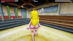 1female 1male 3d bikini blonde_hair boxing boxing_ring bubble_butt crown female_focus gameplay_mechanics light-skinned_female male_pov mario_(series) mixed_boxing mmd pink_bikini_bottom pink_boxing_gloves pov princess princess_peach swimsuit turning_back ultimabox