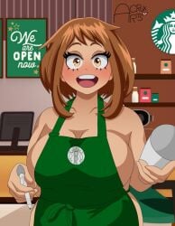 1girls acruxarts almost_naked apron_only barista breasts_bigger_than_head employee employee_uniform holding_cup i_mean_breast_milk iced_latte_with_breast_milk massive_breasts my_hero_academia no_nipples_visible ochako_uraraka solo_female solo_focus starbucks tagme