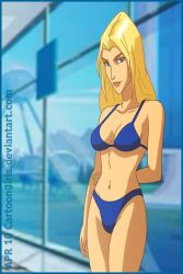 1girls bikini blonde_hair blue_bikini cartoongirls fantastic_four female female_only human human_only invisible_woman light-skinned_female light_skin marvel solo sue_storm superheroine swimsuit